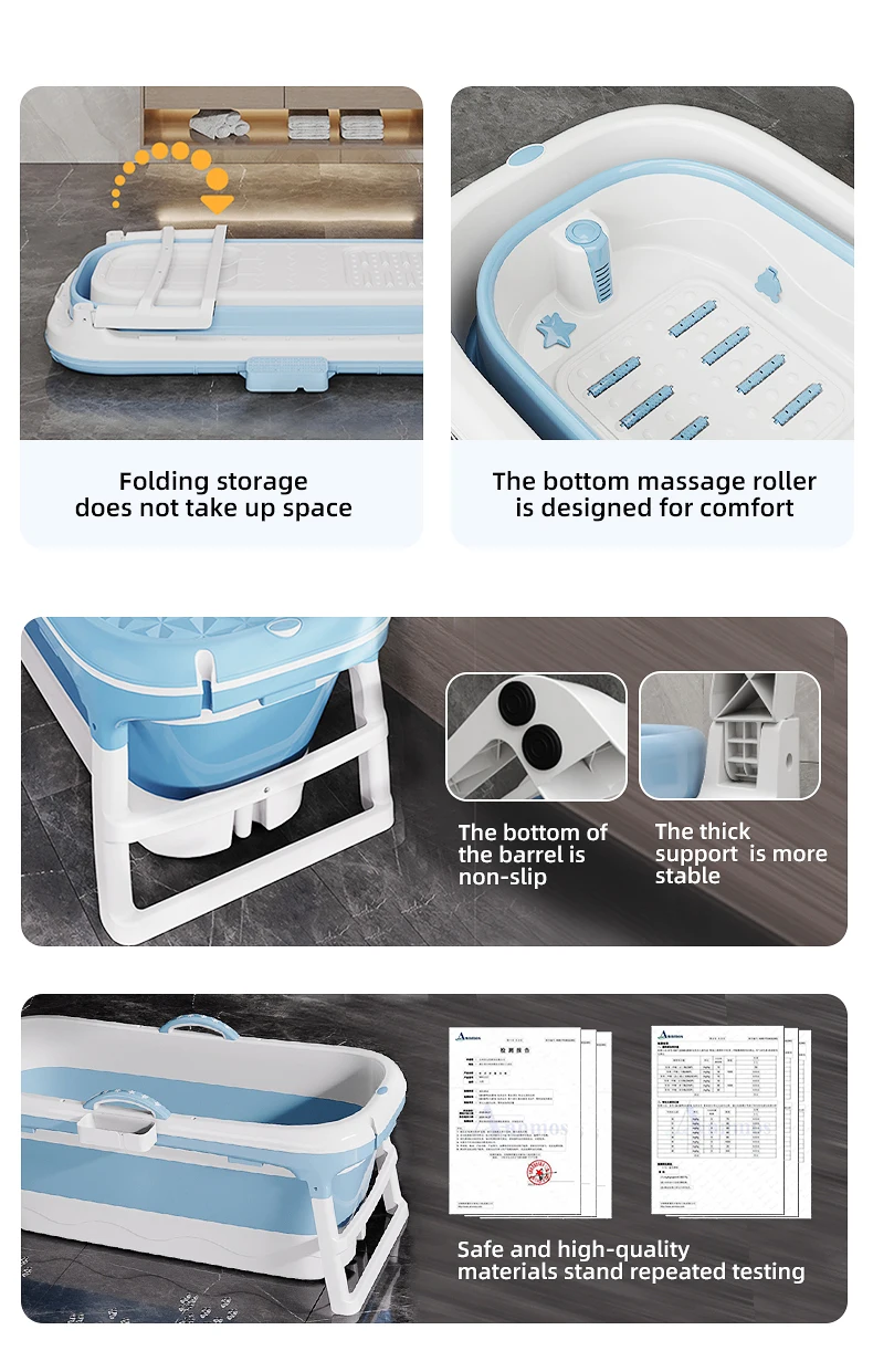 Wannuo 1.48m Portable Bath Tub Easy To Store Foldable Bathtub Adult Plastic Folding Adult Bathtub With Cover And Massage Roller supplier