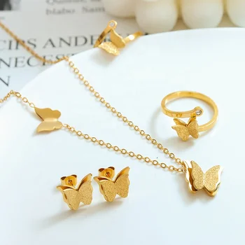 Gold Plated Stainless Steel Butterfly Charm Necklace Earrings Rings Jewelry Sets for Women Gifts