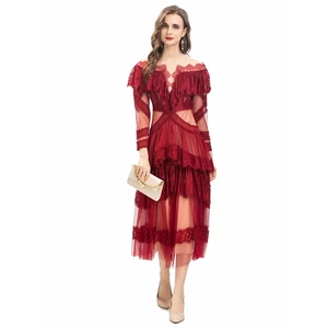 AELESEEN Spring Summer Lace Dress Women Elegant French Style O-Neck Red Black Ruffled Dots Mesh Casual Natural New Design