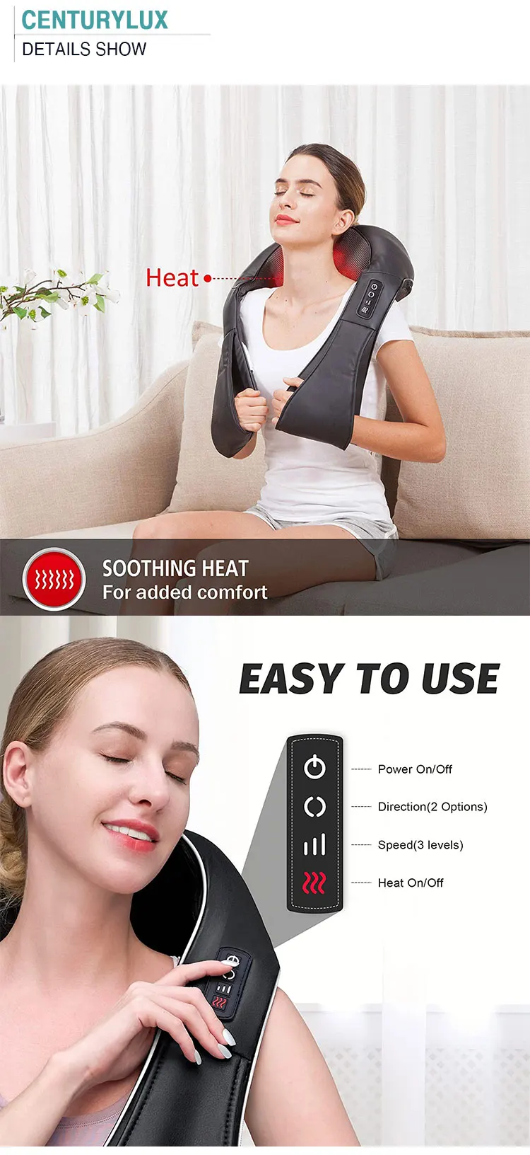 Electric Deep Kneading Electric Neck And Back Massager With Heat Pain