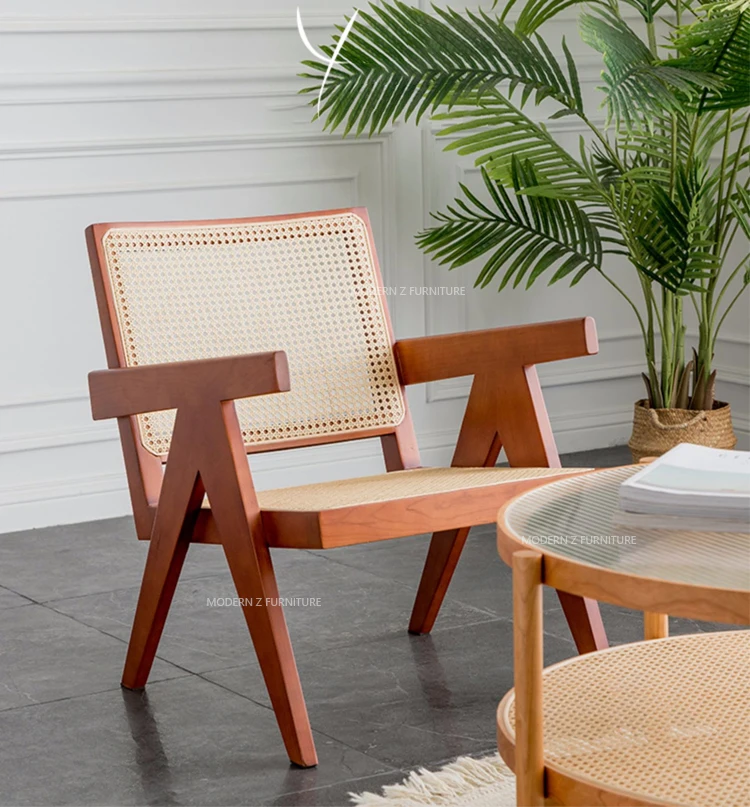 北欧古风休闲美式咖啡单人酒店庭院家具藤编藤木扶手椅藤条餐椅