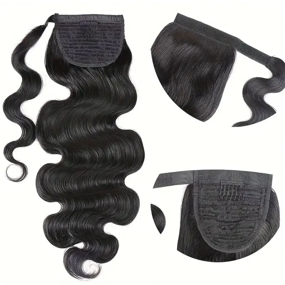 Body Wave Human Hair Ponytail Extension Wrap Around Drawstring_voghion.com