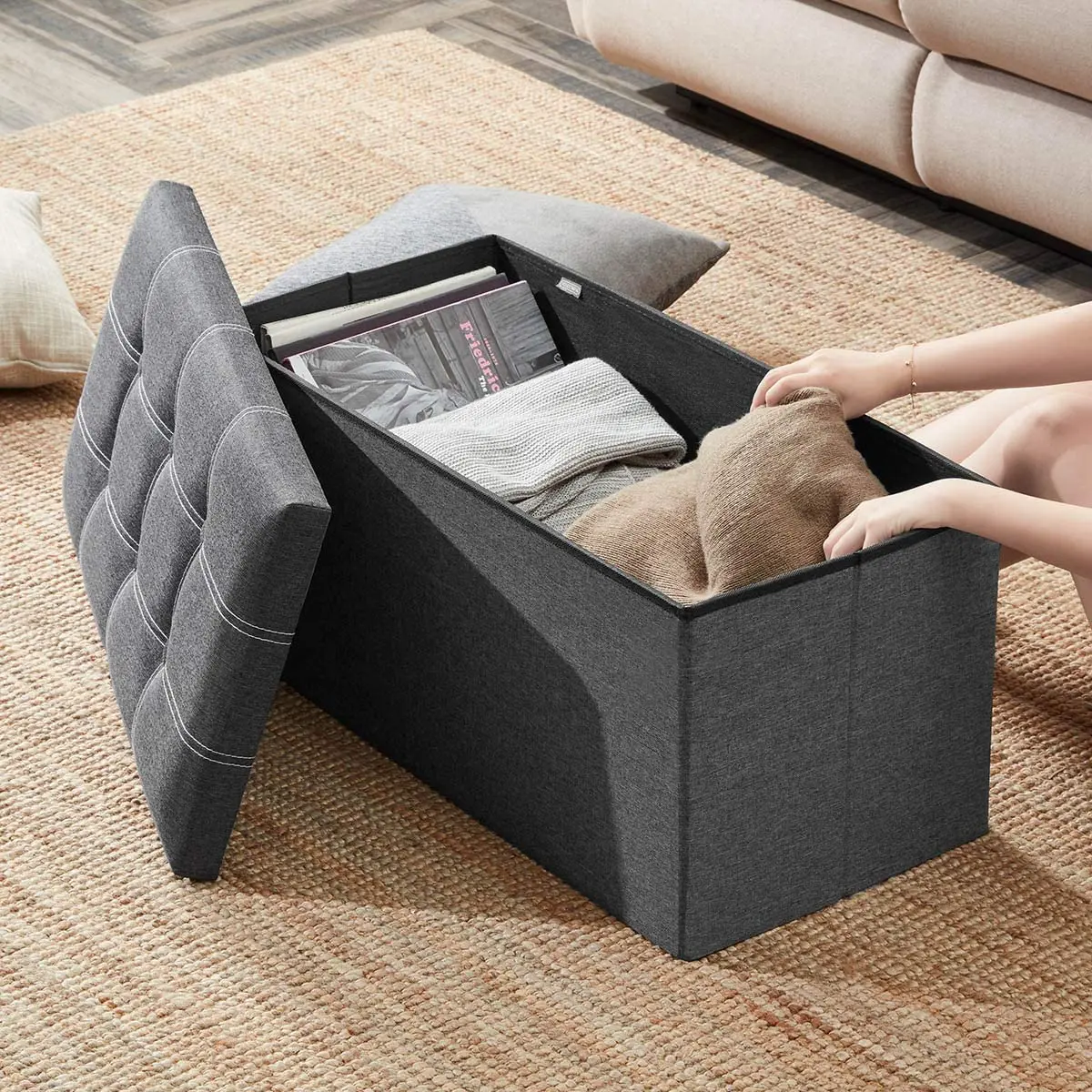 Seat Support Linen Fabric Grey Bed Storage Foldable Footrest Shoe Bench With 80l Storage Ottoman Bench Buy With 80l Storage Ottoman Bench Foldable Footrest Shoe Bench Fabric Grey Bed Storage Product On Alibaba Com