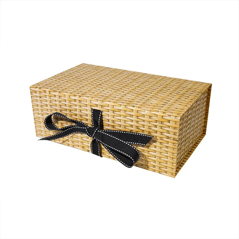 Custom Folding Gift Box with Woven Rattan Texture and Black Ribbon Bow Flat Pack Design for Gift Packaging Wholesale Supplier