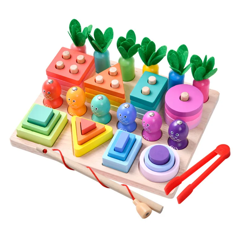 Montessori 4 in 1 Kinder Holz Magnetisches Angeln Karottenform Zylinder Matching Game Pädagogisches Spielen Lernspielzeug für Kinder