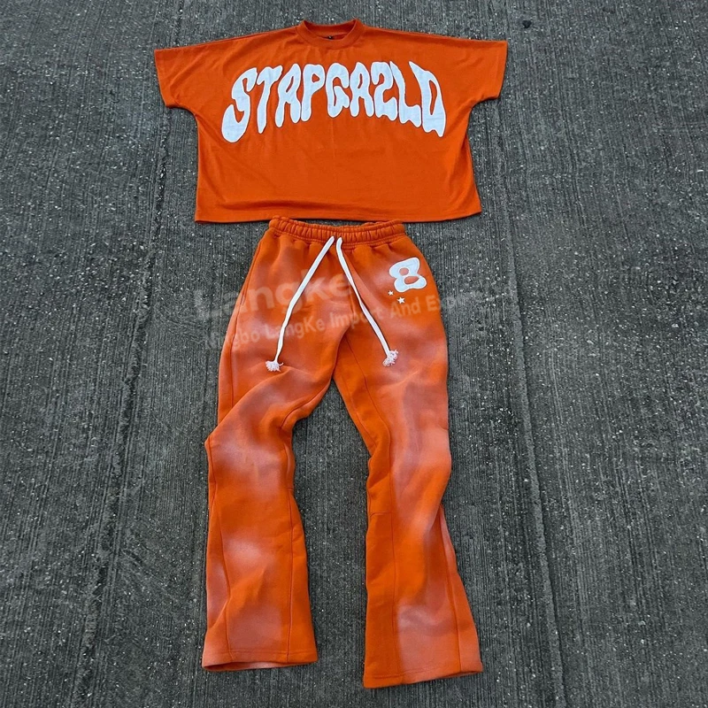 Acid Wash Sweat Suit Jogger Tracksuit Short Sleeve Cropped Boxy Custom Patch 2 Piece T Shirt and Pants Set Men Track Suit