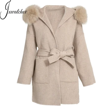 Hot Sale Lady Handmade Sew Spring Winter Wool Coat With Real Fox Fur Belt Design Double Face Long Style Women Cashmere Coat