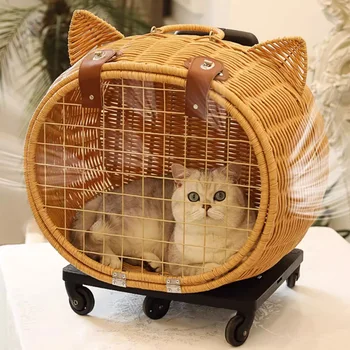 Round Travel Knit Hard Cat Carrier Luggage with Mat and Telescopic Handle  Cat Carrier Suitcase with Wheels for Pet