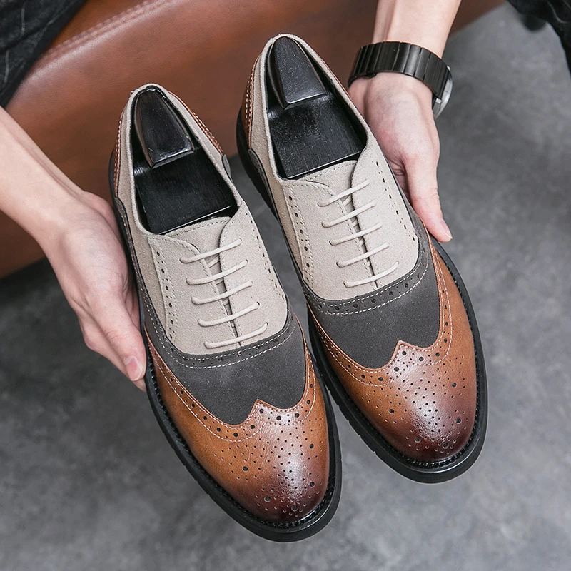 Bottes Homme Oxford à Bout Ailé Brogue - Style Classique Lacets - Cuir Synthétique - Semelle Caoutchouc - Pour Occasions Habillées