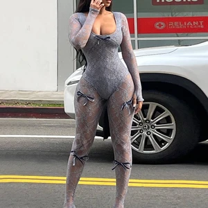 Solid Sexy Coquette Full Sleeve Square Neck See Through Slim Overalls Female Midnight Attirewear Women Lace Bow Jumpsuits