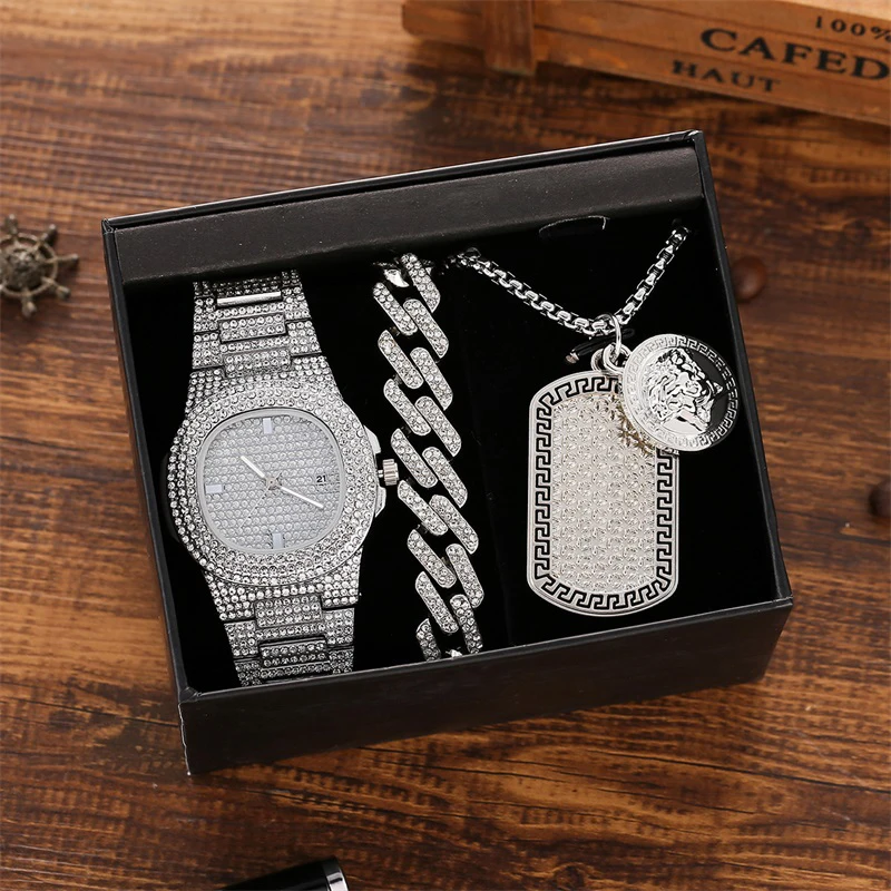 3pcs Set Good Silver Pendant Full Rhinestone Crystal Diamond Watch And
