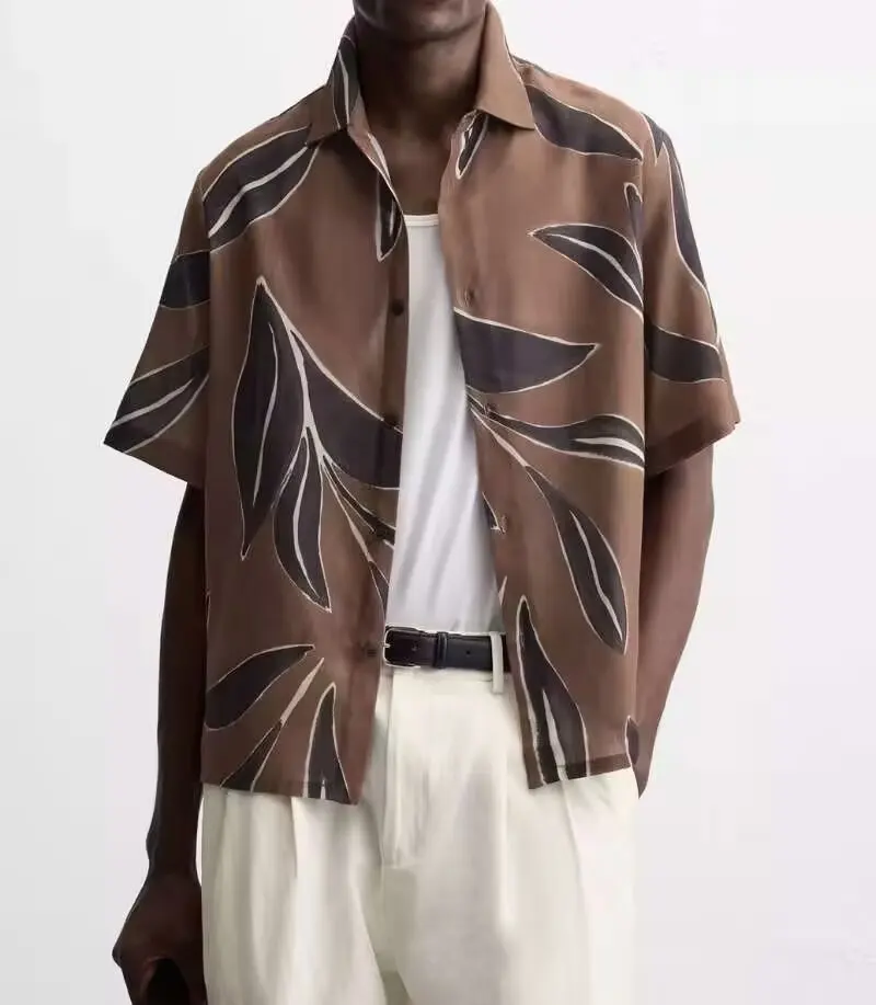 TAOP&ZA 2025 Spring New Men's Fashion All-match Brown Light Loose Leaf Print Short Sleeve Shirt Holiday Style 4409607
