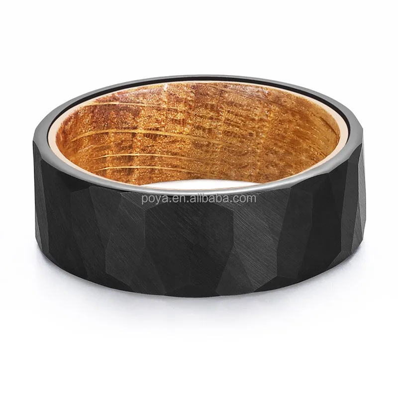 POYA Black Tungsten Hammered Ring Whiskey Barrel Oak Wood Man Rings 8mm for Gift
