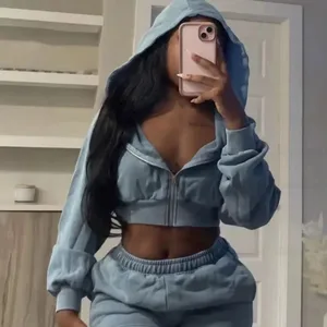 Vintage Old Crop Hoodie Tracksuit for Women Custom Logo Two 2 Piece Cotton Zipper Acid Wash Sweatsuit Shorts and Hoodie Set