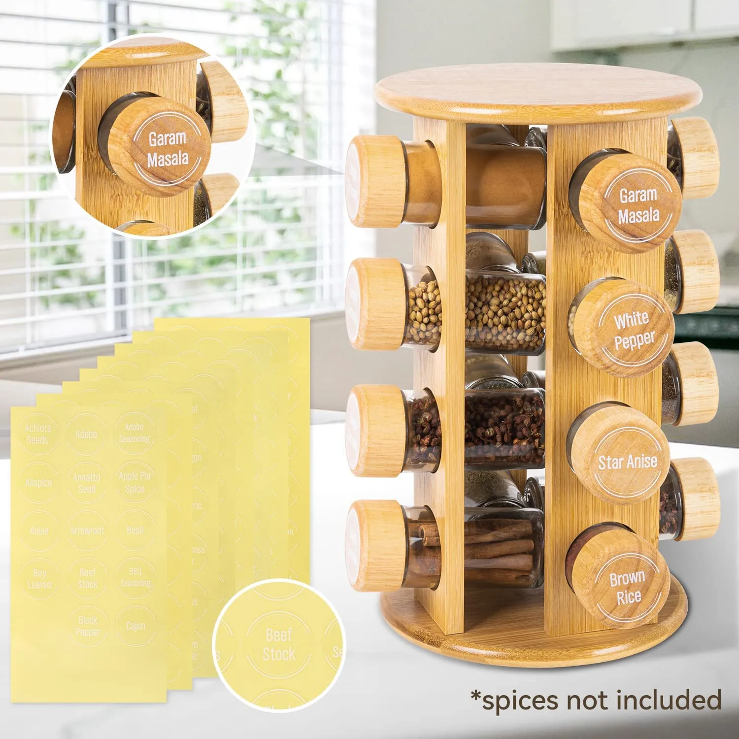 Bamboo Revolving Spice Rack for Kitchen 12-bottle Spice Jar Organizer Countertop Display Holder Stand Shelf Kitchen Accessories