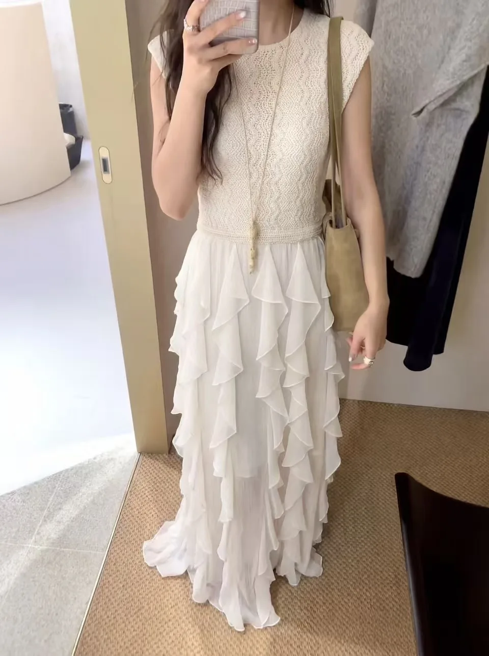 Exclusive Original Design Eco Friendly Woven Maxi Dress Elegant O Neck Pleats Ruffled Lace Details Breathable Spring Casual