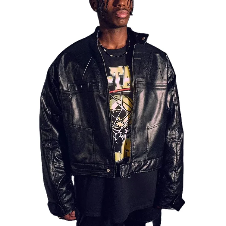 Boxy Vintage 100% Polyester Em Airtex Zip Up motorcycle Pu Leather Jacket Men_voghion.com
