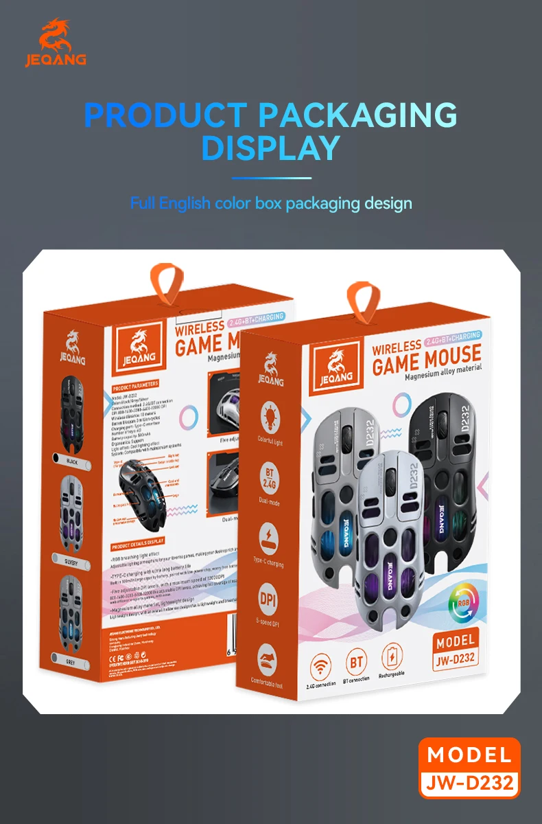 Jeqang JW-D232 RGB 2.4G BT Dual-Mode 6D Ergonomic Gaming Mouse Magnesium Alloy Hollow Design Optical Tracking Backlit