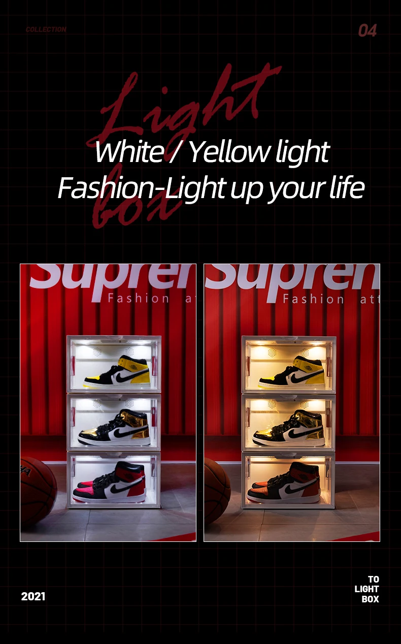 Side Open Plastic Acrylic Led Light Shoes Display Box Voice Control Led