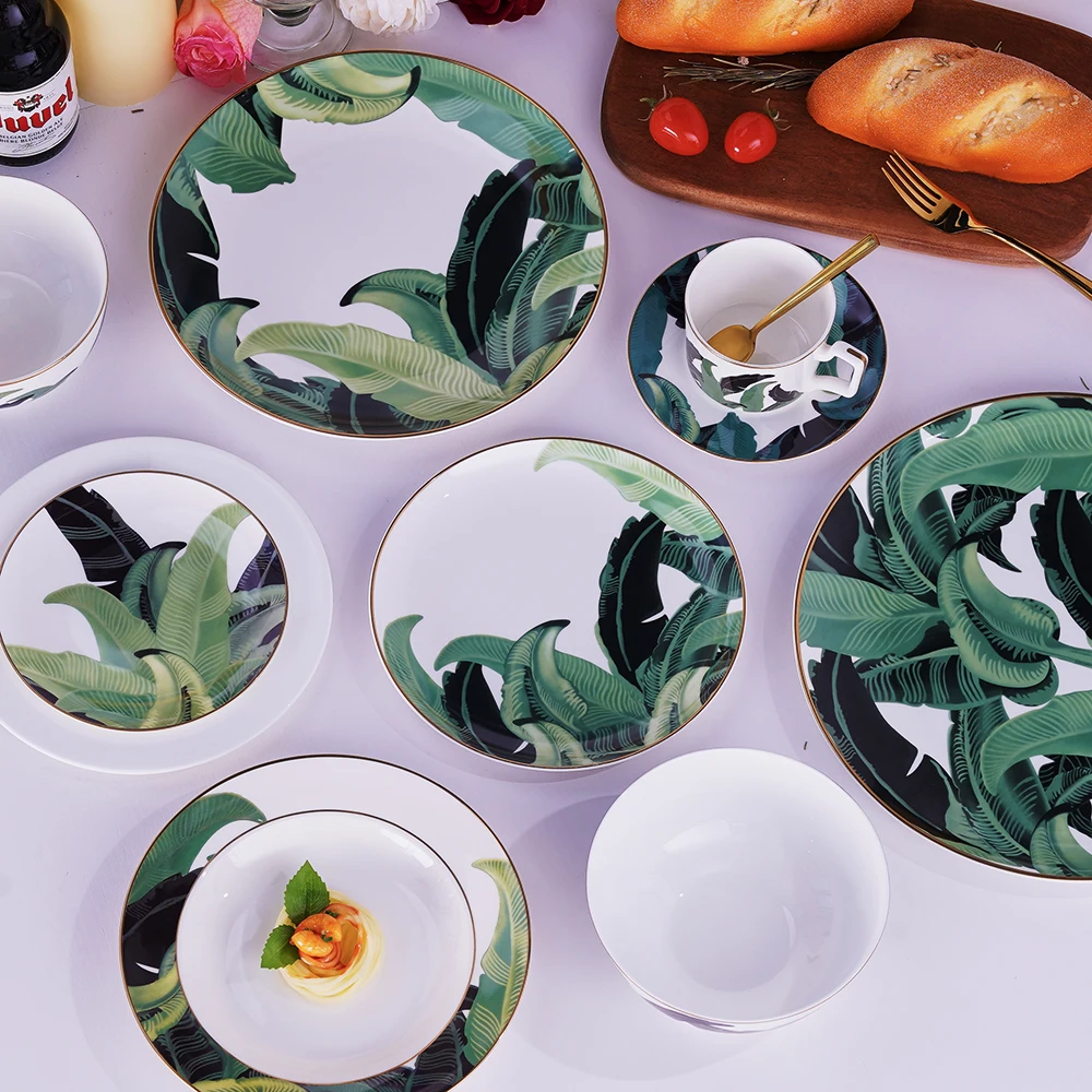 Bone China Dinnerware 4Pcs Plate Set Green Banana Leaves Ceramic Tableware Wedding Charger Plate for Event&Catering
