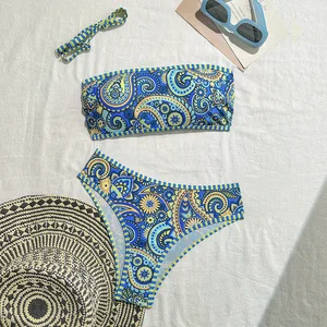Blue Strapless Tankini for Women 2-Piece Sexy Swimwear with Woven Paisley Pattern Cheeky Bottom Front Logo for Distributors
