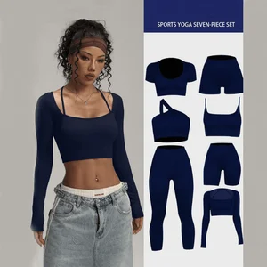 Customization Women'st Workout Threaded Long-Sleeve Running Sports Bra with Shorts and Pants Yoga Wear 7-Piece Set ActiveWear