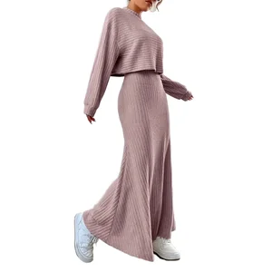 Elegant Casual Solid 2 Piece Women's Spring Shorts Set Breathable Ribbed Knit Full Sleeve O-Neck Pullover Long Regular