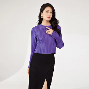 Miyake Women's Long-Sleeved T-Shirt Vintage Pleated Design Stretch Woven Fabric for Spring Summer Fashionable Tops