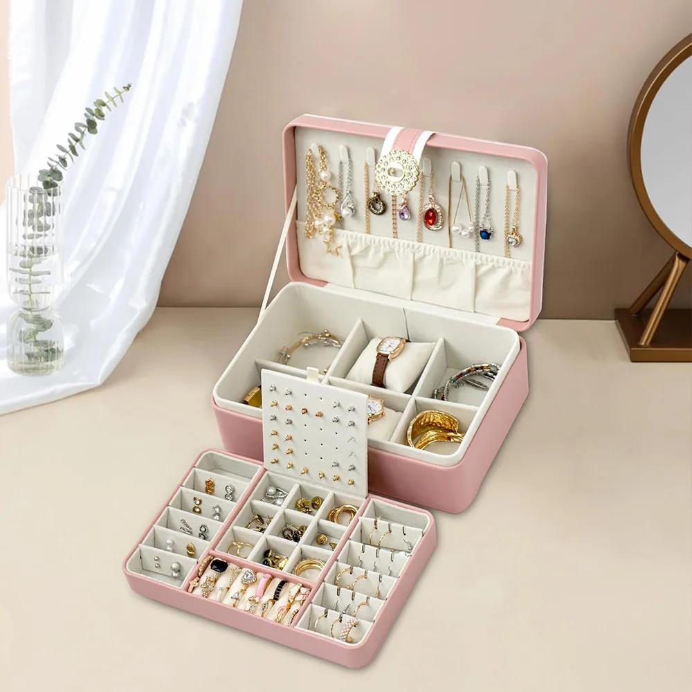 Layer Large Jewelry Box Organizer PU Leather Jewelry Storage Case for  Women Earrings Necklace Rings Studs Holder