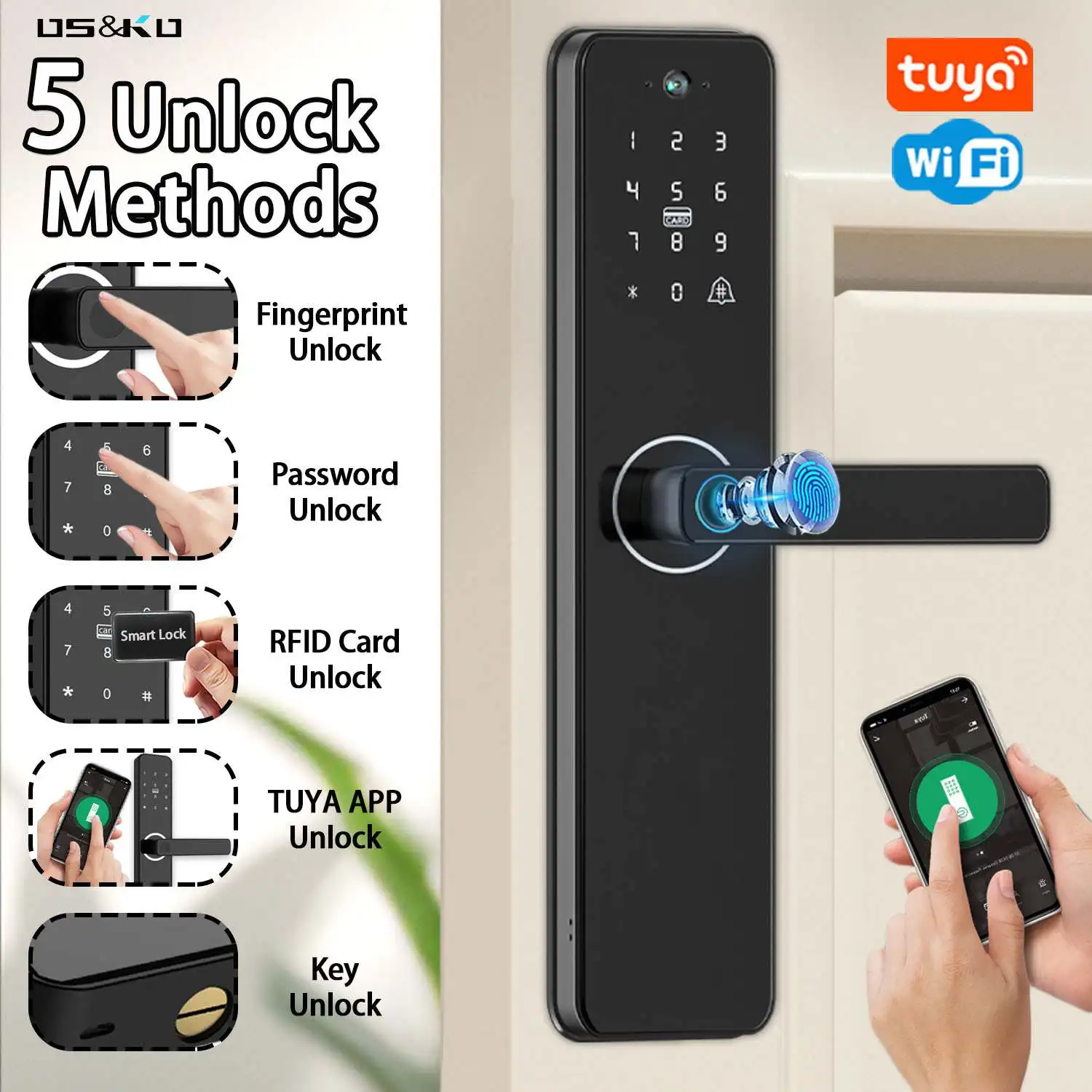 Electronic Fingerprint Camera Smart Door Lock Tuya App Sim Card Mobile Phone Control Gsm Digital Door Lock with Key