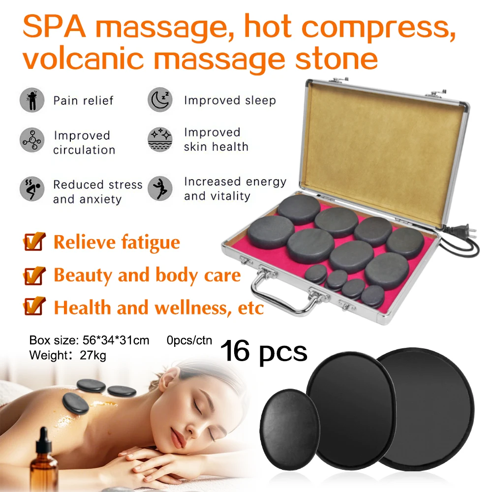 16-Piece Basalt Hot Stones with Heater Kit Infrared Physiotherapy Massage Stones for Home Spa Back Relaxation and Healing