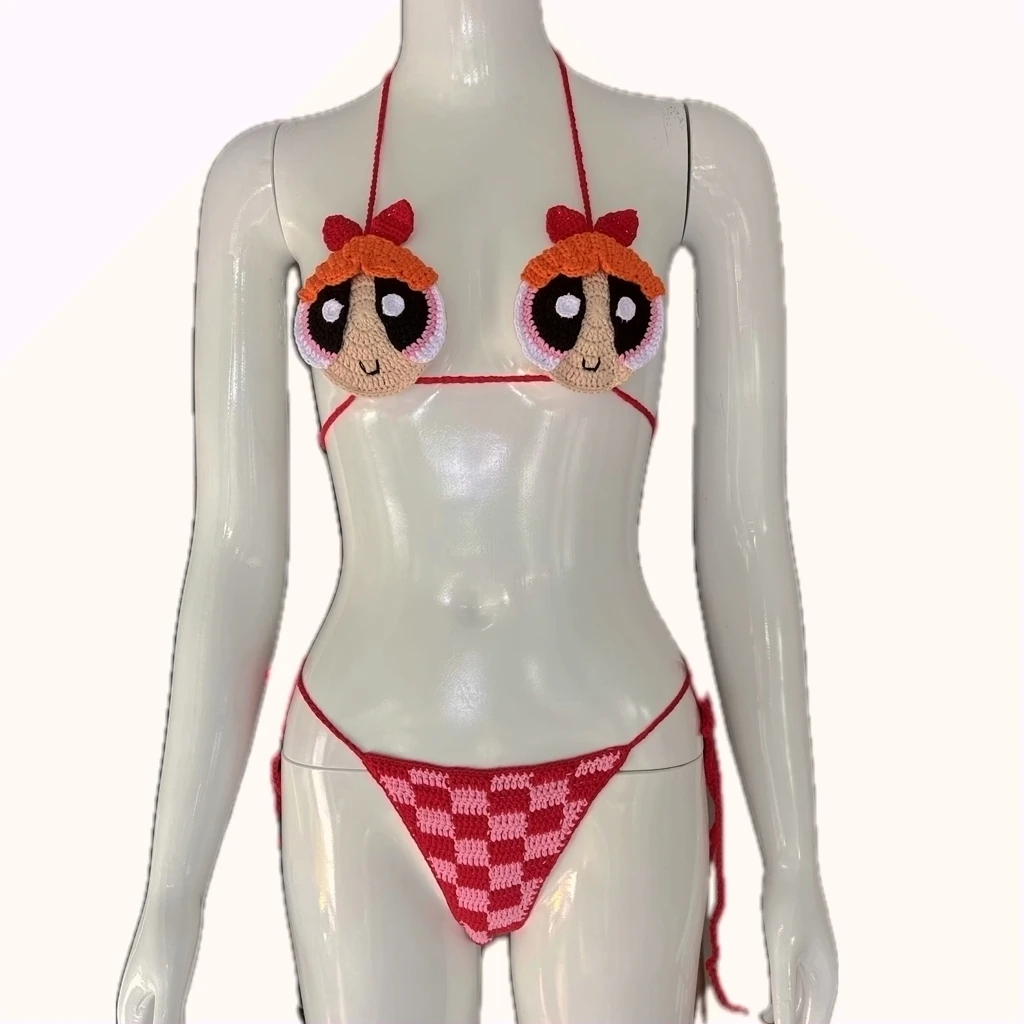 2025 Custom Crochet Knit String Cartoon Micro Bikini Set Handmade Cute Red Checkered Sexy Beachwear Fruit Fashion Custom Bathing