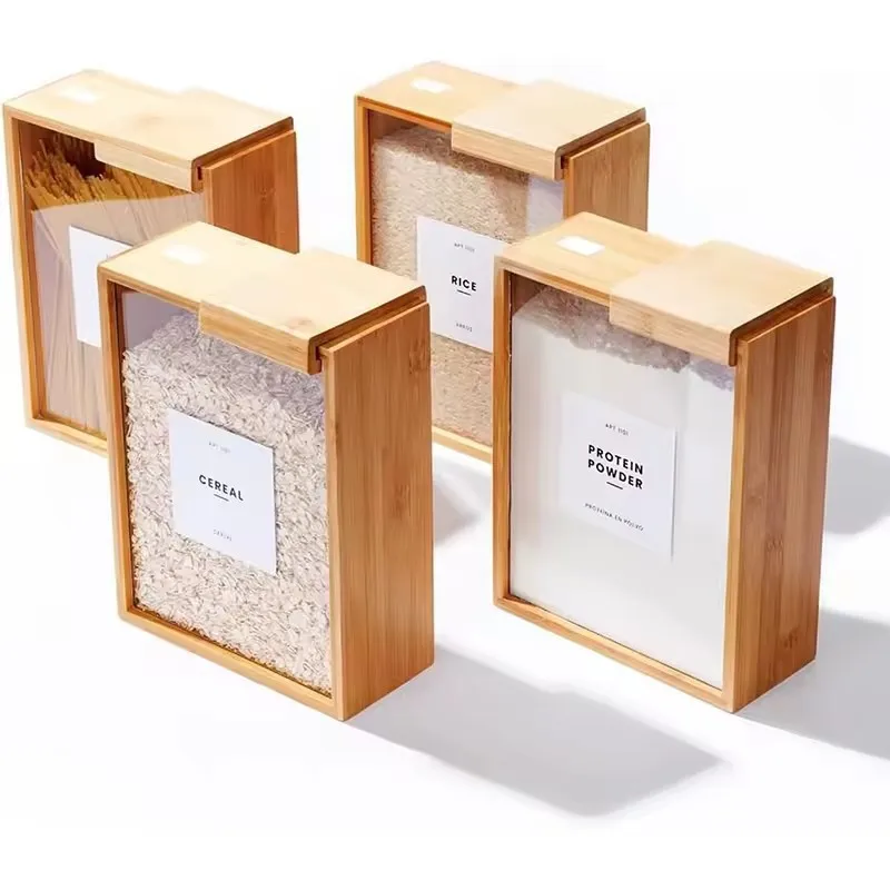 Distributeur De Céréales En Bois De Bambou Avec Fenêtre Transparente - Rangement Cuisine Étanche Et Pratique