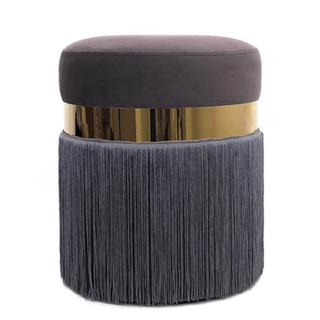 High Quality Living Room Furniture Velvet Designer Round Gold Ottomans Modern Pouf Cushion Stool with Tassels