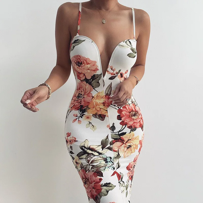 Women Floral Print Midi Dress Deep V Sexy Sleeveless Backless Low Cut  Bodycon For Summer Dresses For Women - Buy Women Floral Print Midi Dress  Deep V,Sexy Sleeveless Backless Low Cut Bodycon