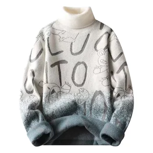 Men's Long-Sleeved Gradient Sweater Korean Fashion Anti-Wrinkle Knitted Polyester Breathable Crew Neck Anti-Shrink Fall/Winter