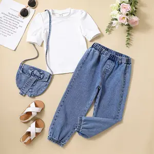 Girls Spring/Summer Casual Clothing Set Solid White T-Shirt + Denim Jeans Pants Bag Worsted Fabric Breathable Clothes for Kids