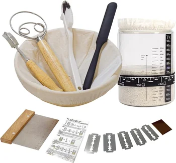 Sourdough Starter Jar Kit 1500ml Glass Fermentation Tank With Wood Lid Silicone Spatula Thermometer New Bread Proofing Baskets