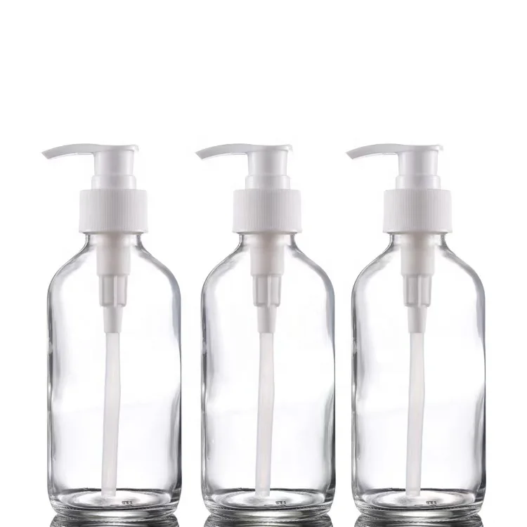 Empty 8 oz  250ml Airless Squeezable Glass Bottle with White Plastic Lotion Pump Wholesale