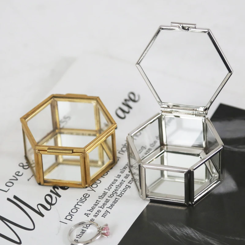 HOT Cheap Geometric Decorative Makeup Organizer Metal Brass Mini Glass Hexagon Jewelry Trinket Box for Gift