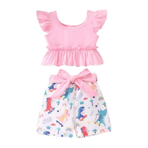 OEM Summer Clothes Ruffle Tank Tops and Dinosaur Leopard Shorts Sets for Girls 2-14 Years