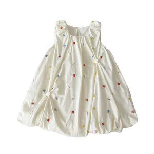 Elegant A-Line Princess Dress for Girls Summer Children's Sleeveless Skirt with 3D Summer Flower Embroidery Knee-Length