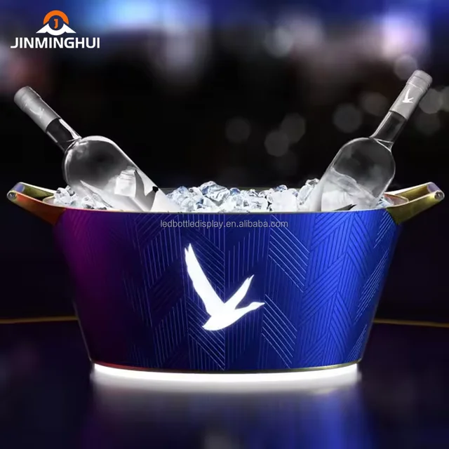luxurious rechargeable Custom Boat Shape Champagne Vodka Blue Color Embossed LOGO Metal Plastic Led Ice Bucket For Party