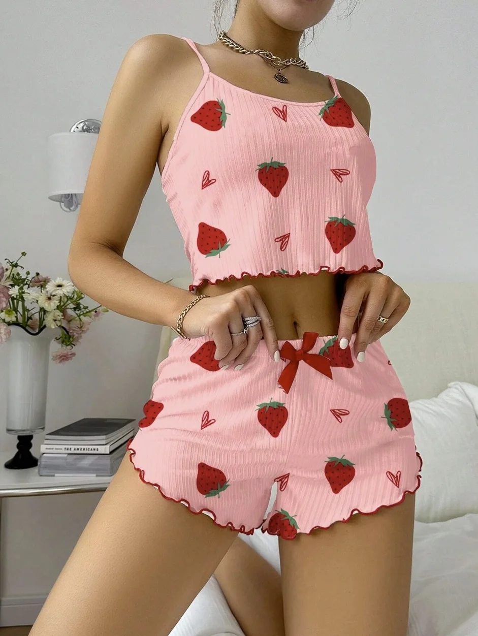 European and American Women's Two-Piece Satin Loungewear Set Strawberry Heart Print Ribbed Camisole Shorts