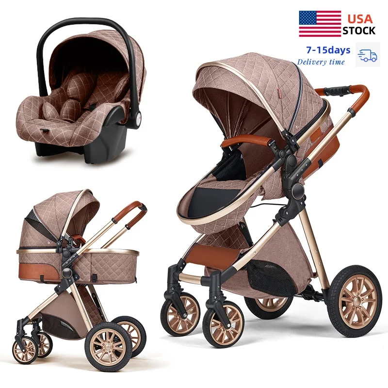 Multifunction 3 in 1 Baby Stroller High Portable Lightweight Travel Pram Foldable Linen & Alloy Material Five-Point Safety Belt
