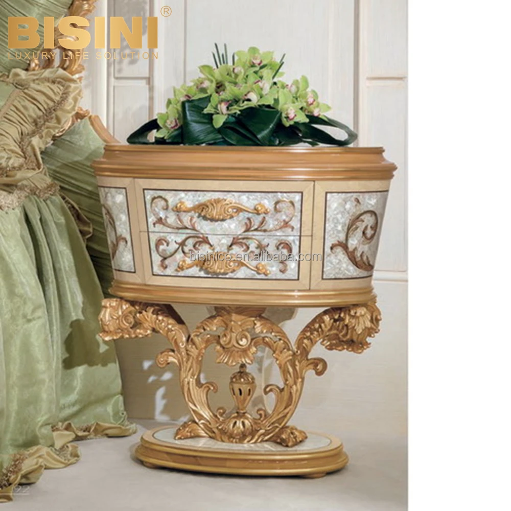 Luxury Italy Rococo Style Carved Wood Exquisite Handcrafted Shell Parquet Nightstand Villa Bedroom Furniture Night Table