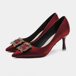Red Square Rhinestone Buckle High Top Shoes for Women Slip-On Pointed Stiletto Heel Closed Toe for Bridesmaid Wedding Banquet