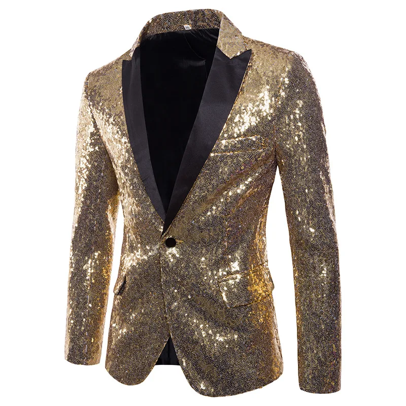 Men's Sequinned Blazer Coat Shiny Gold Performance Evening Jacket_voghion.com