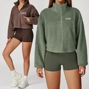 Custom Logo Women's Windproof Warm Fleece Jacket Stand Collar Long Sleeve Drawstring Zipper Thick Sweatshirt Sportswear