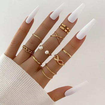 Fashion simple ring set new jewelry ring set pearl open knuckle vintage pearl twist ring 9 sets